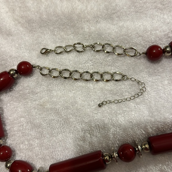 Heavy Silver & Deep Maroonish-Red Necklace & Earrings Set - Picture 3 of 5